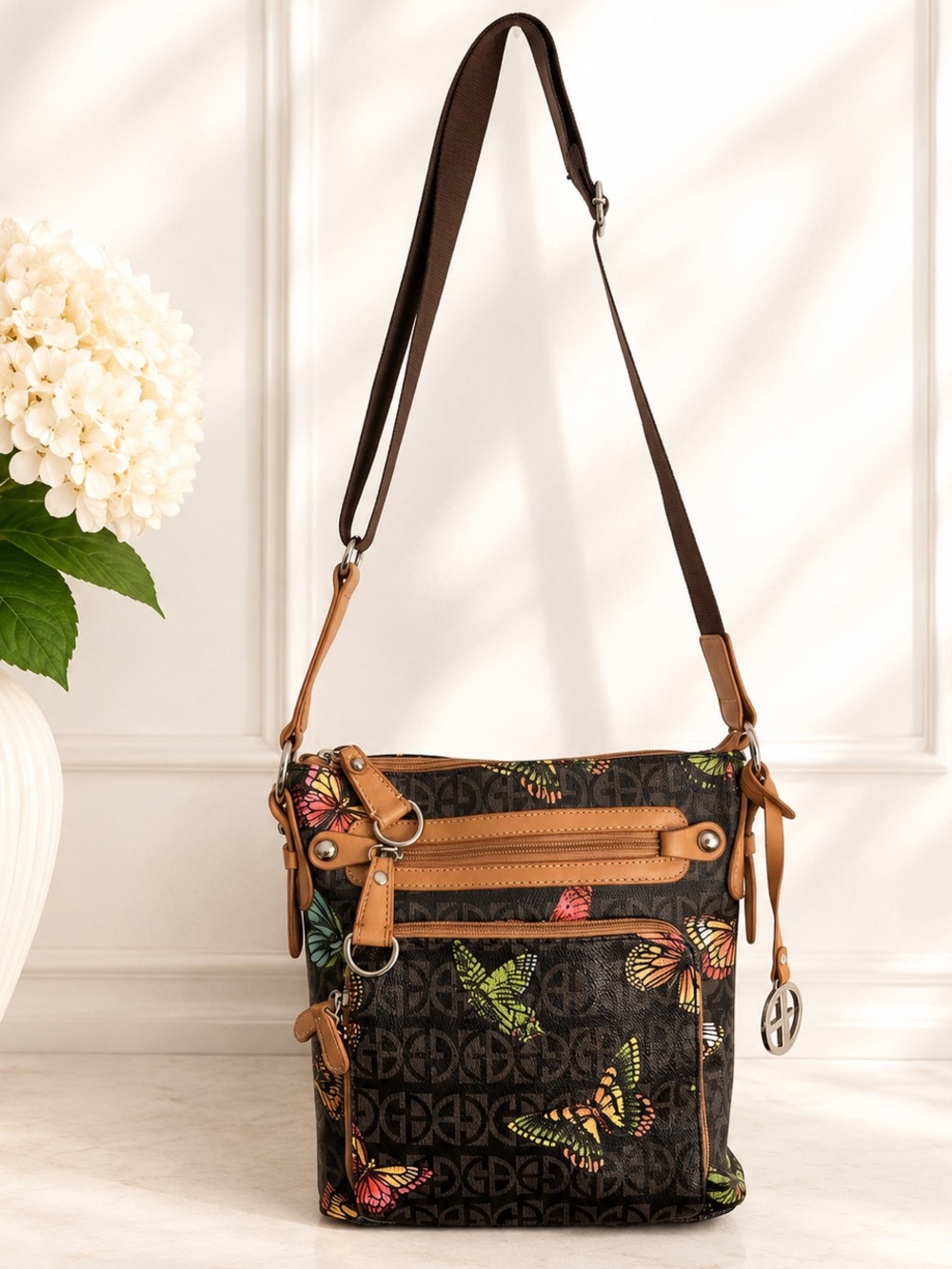 Gianni Bernini Butterfly Logo Crossbody Bag Brown Multi Pocket Adjustable